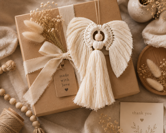 Gift box with angel decoration, tassel, and 'made with love' tag on a textured surface.