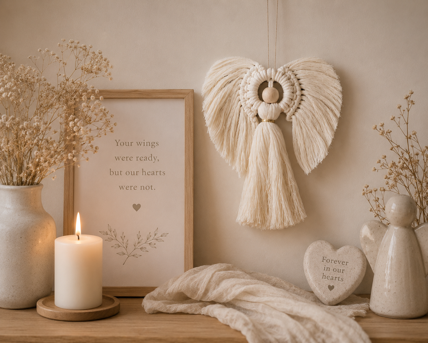 Decorative setup with a candle, framed quote, hanging macrame art, and vases on a wooden surface.