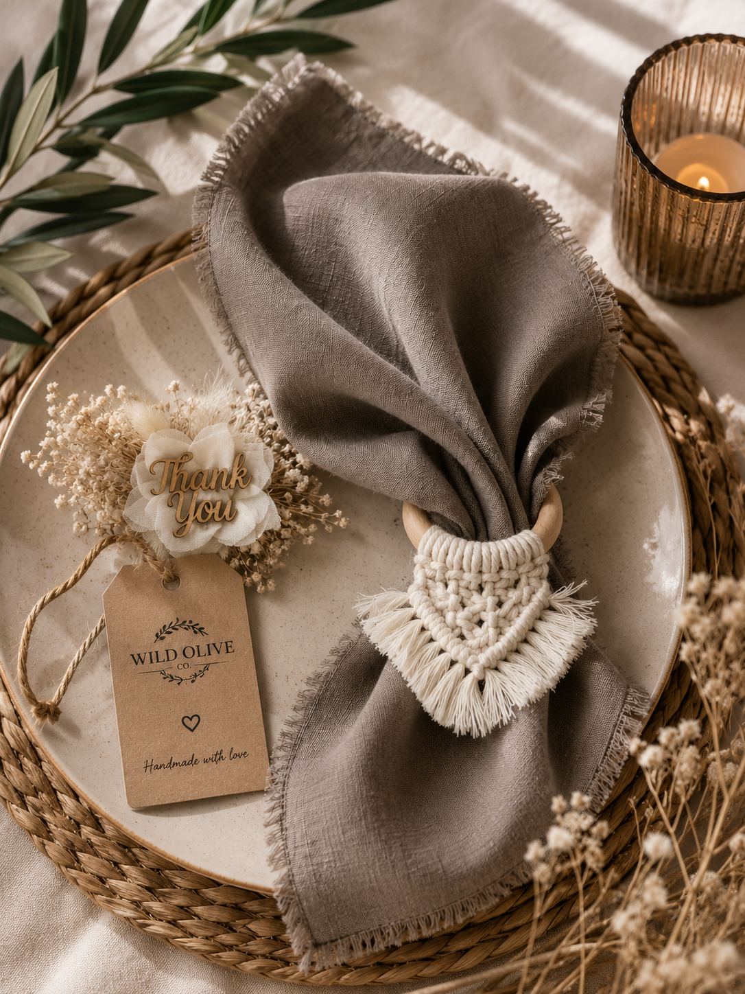 A styled flat-lay of a taupe linen napkin with fringed edges, gathered around a wooden ring with a white macrame accent. It is arranged on a round ceramic plate with a woven placemat, a dried flower tag reading 'Thank You WILD OLIVE', and dried botanicals, with a candle in a glass holder in the background.
