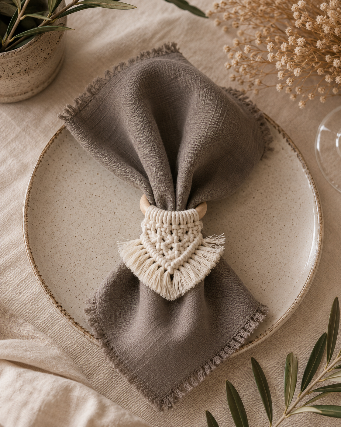 A styled flat-lay of a taupe linen napkin with frayed edges, held in place by a cream macrame napkin ring, set on a speckled beige ceramic plate with dried flowers and green leaves.
