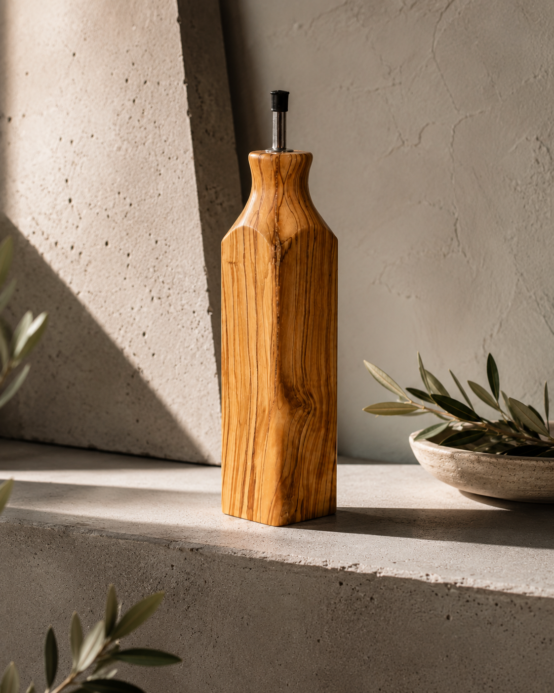 Wooden olive oil bottle on a concrete surface with a plant in the background