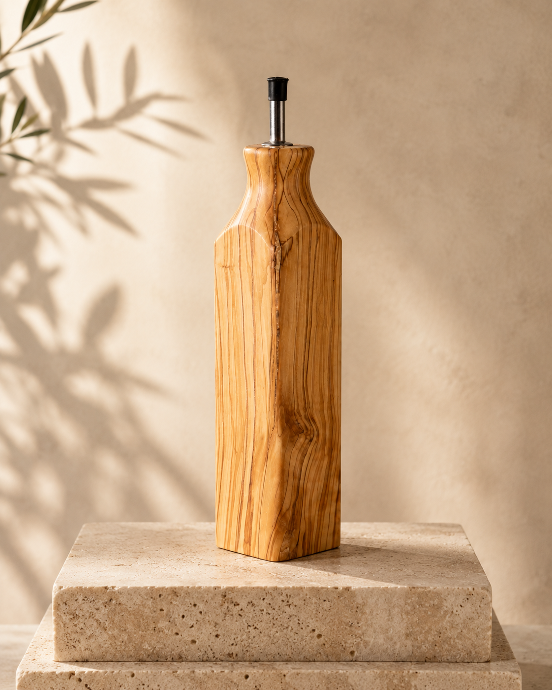 Wooden pepper grinder on a stone surface with a neutral background