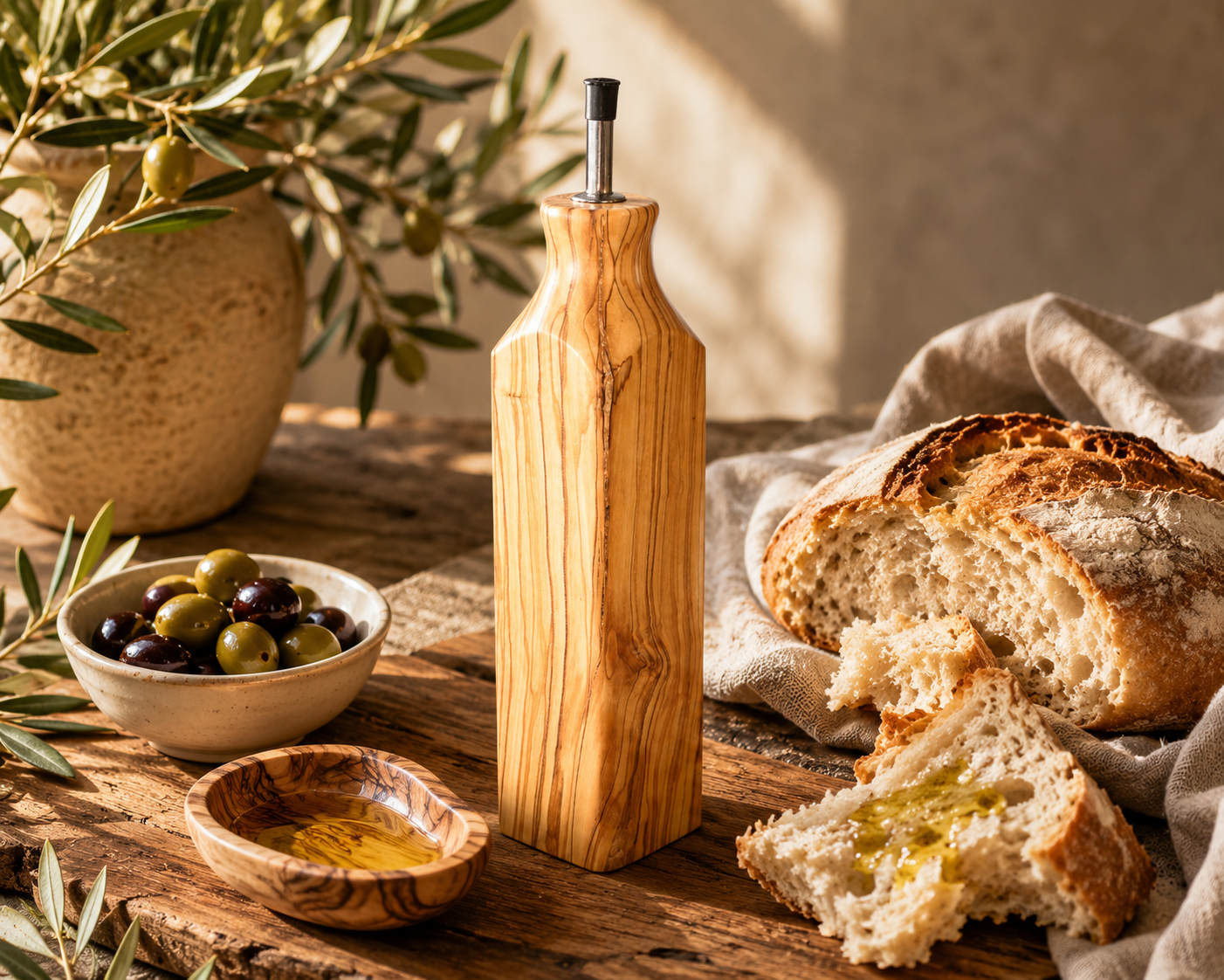 Wooden olive oil bottle with bread and olives on a wooden table