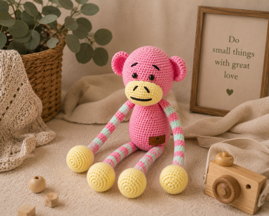 A crocheted monkey toy in pink, yellow, and mint green, styled in a cozy home setting with a wooden camera, toy blocks, a knit blanket, and a framed picture.
