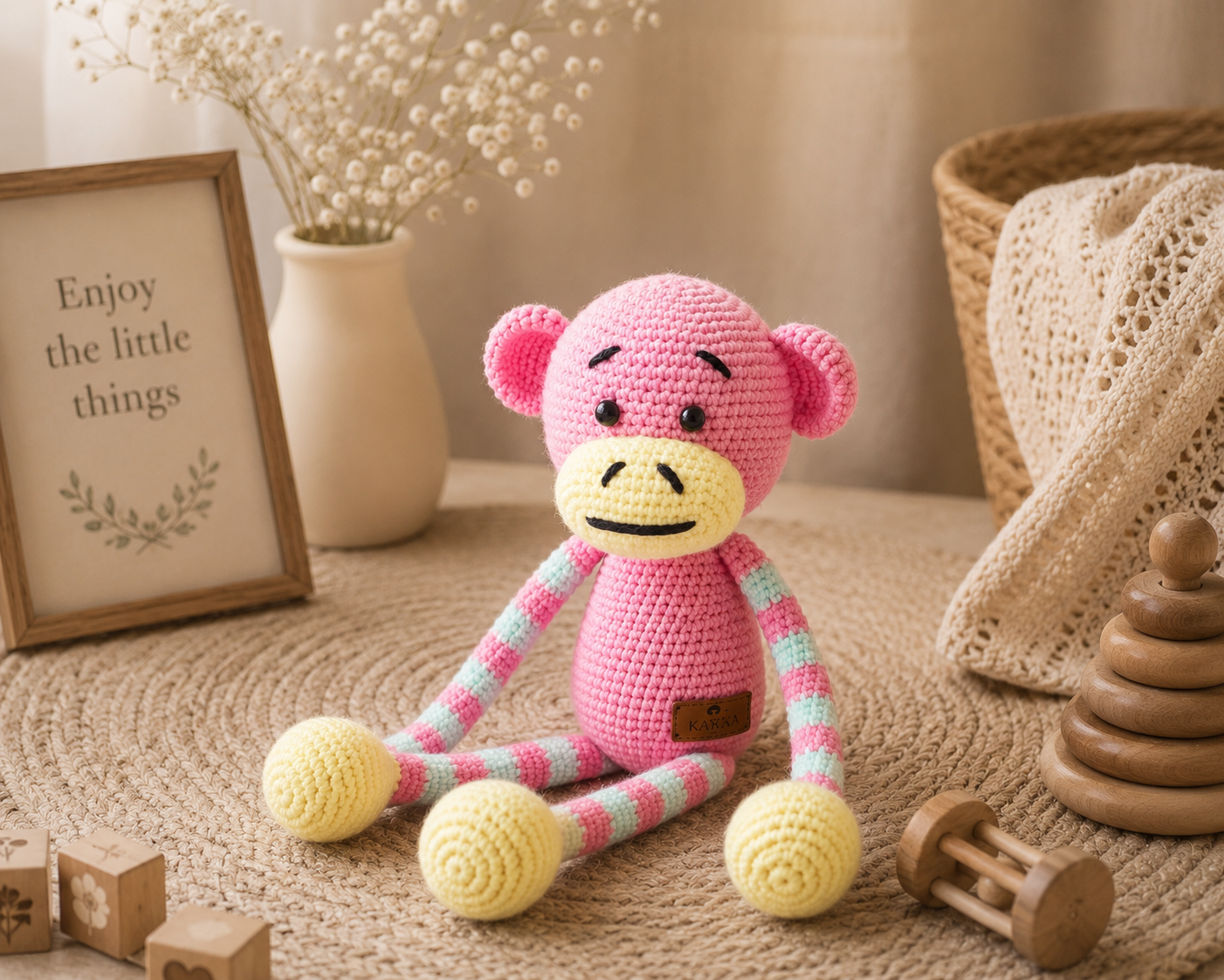 A pink crocheted monkey toy with yellow feet and a striped pink, mint, and white body sits on a woven rug in a styled nursery-like setting with a vase of dried flowers, a framed quote, and wooden toys.