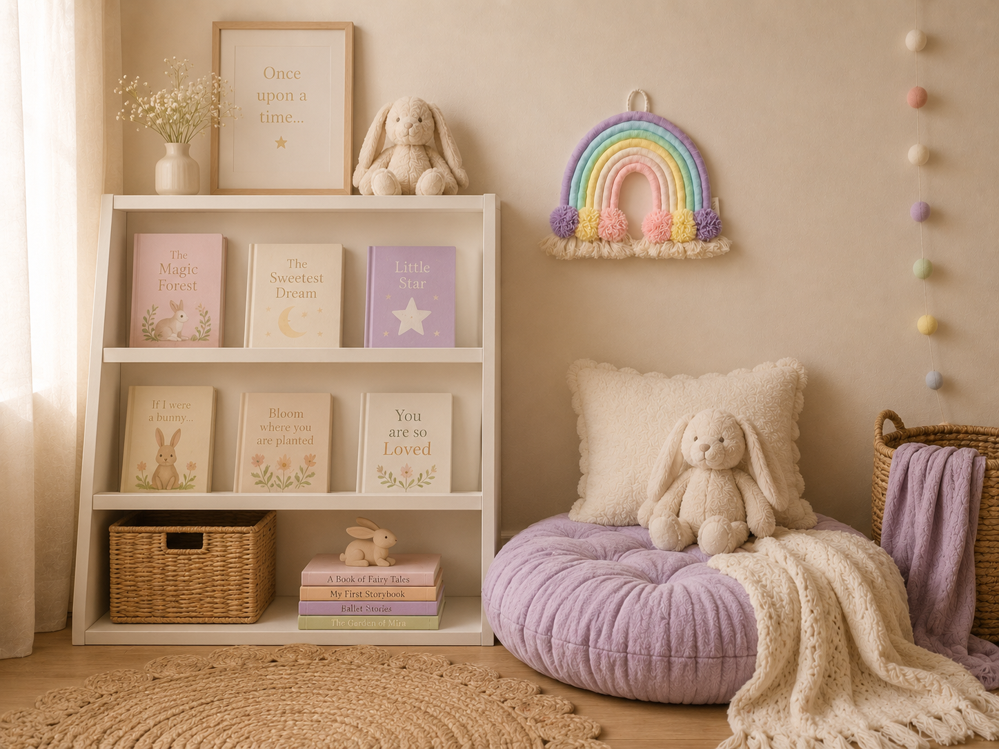 A styled children's room corner with a white bookshelf holding pastel books, a plush bunny, and wall decor, next to a lavender pouf with a cream throw blanket and a matching bunny pillow.