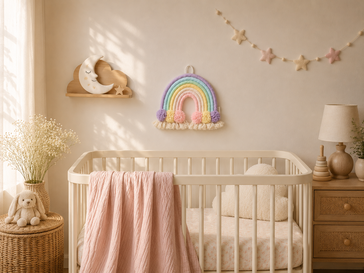 A styled baby nursery scene with a white crib, pale pink blanket, wooden nightstand, lamp, bunny plush, dried flowers, wall shelf decor, and a rainbow wall hanging.