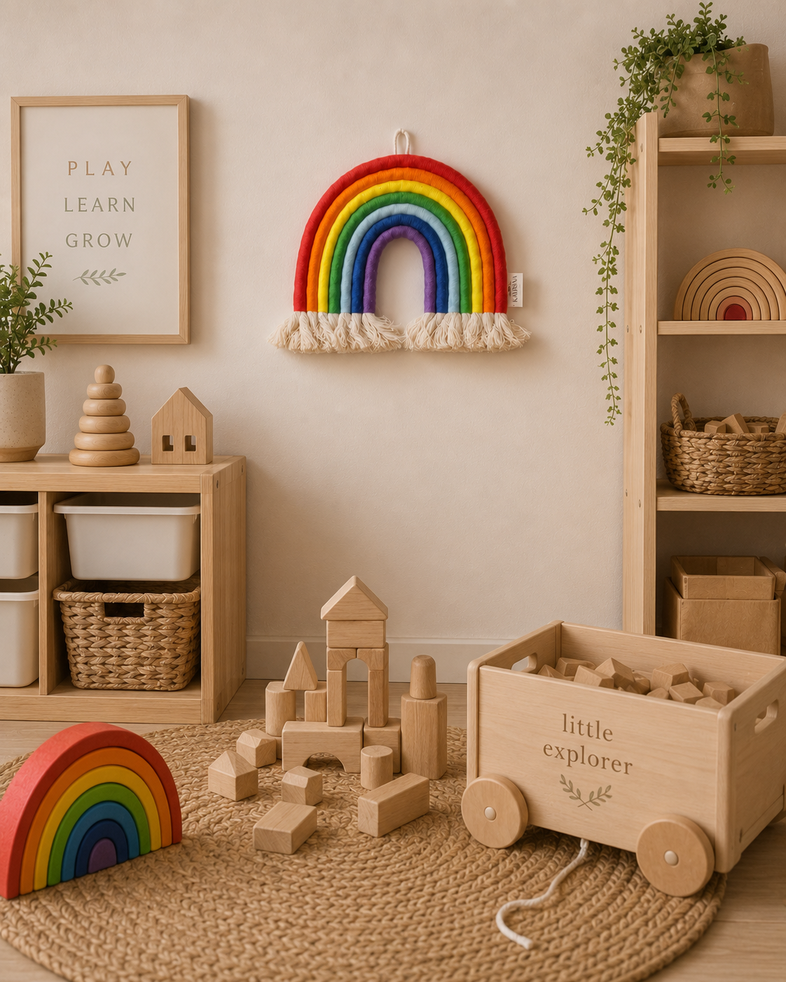 Children's playroom with wooden toys, rainbow decorations, and a 'little explorer' cart.