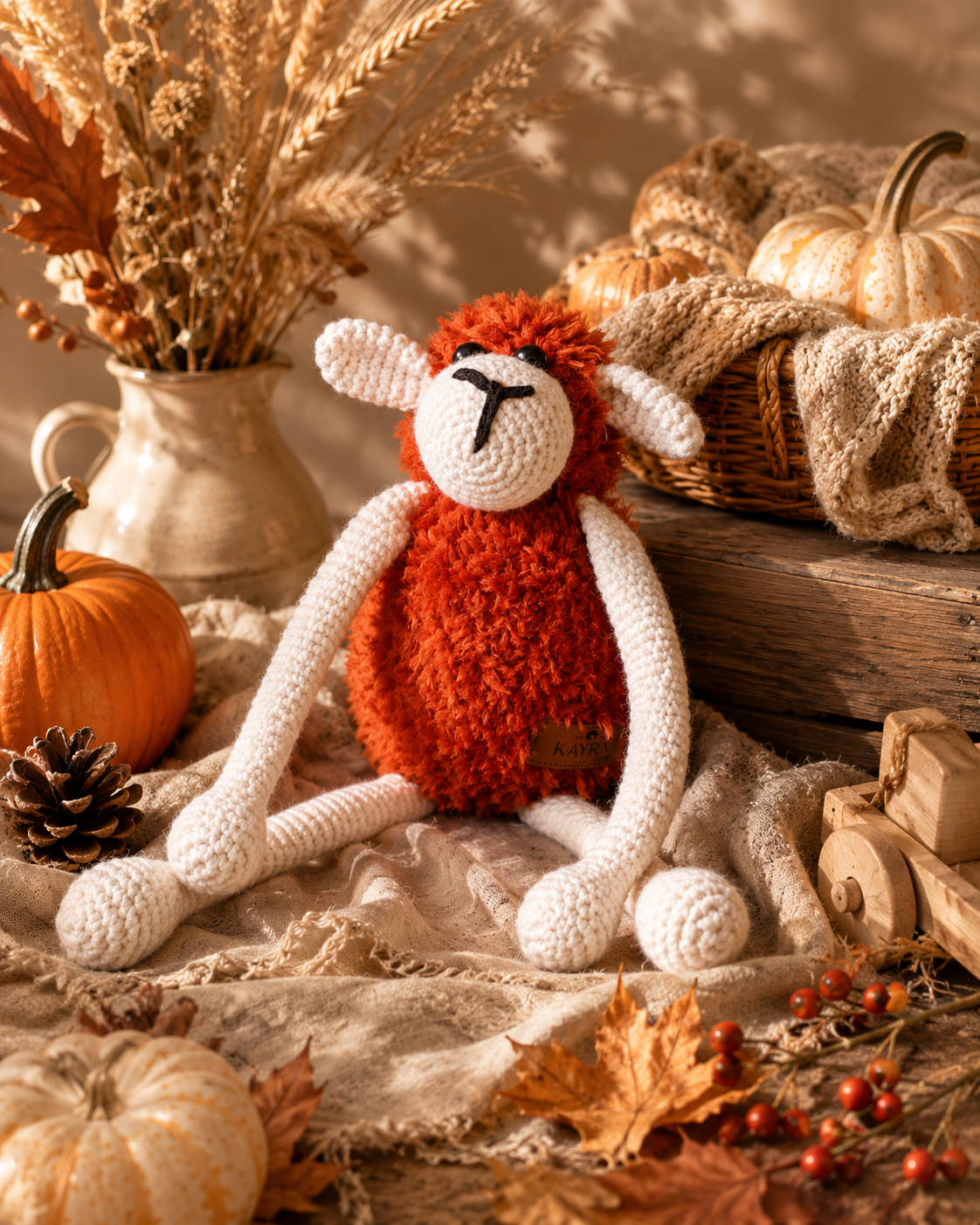 A crocheted plush monkey toy sits on a rustic wooden crate surrounded by autumn props including pumpkins, dried wheat, leaves, and a basket in a warm fall-themed setting.