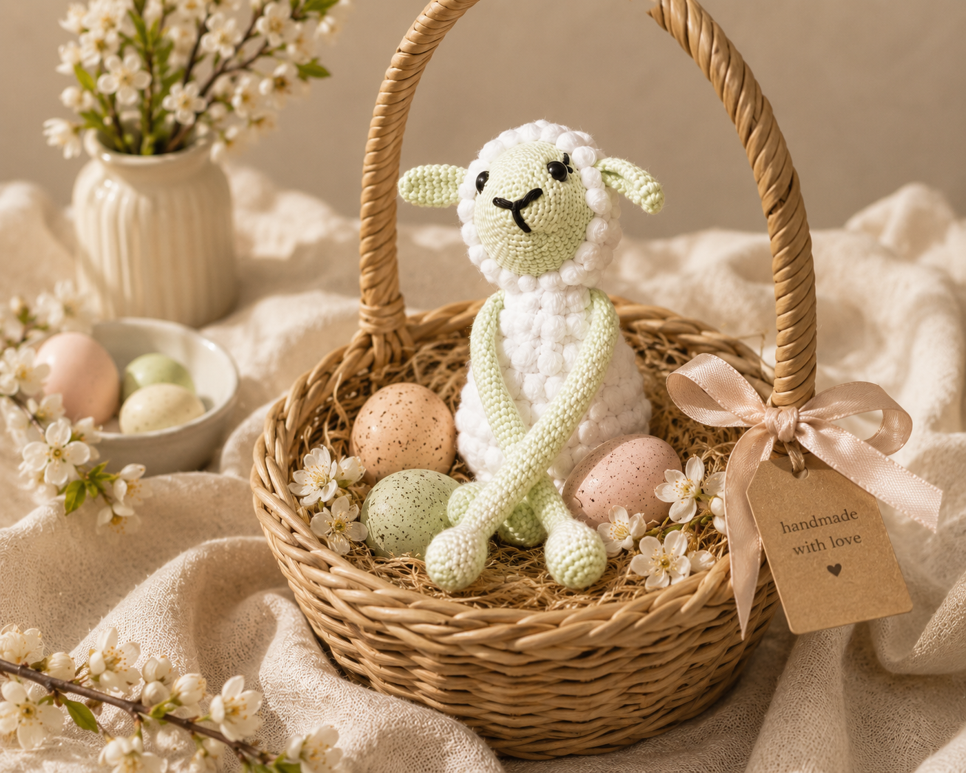 Handmade Crochet Sheep Soft Toy — Sage & Cream