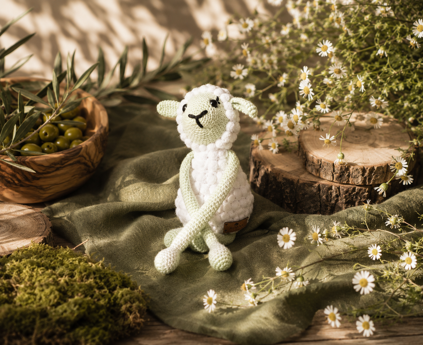 Handmade Crochet Sheep Soft Toy — Sage & Cream