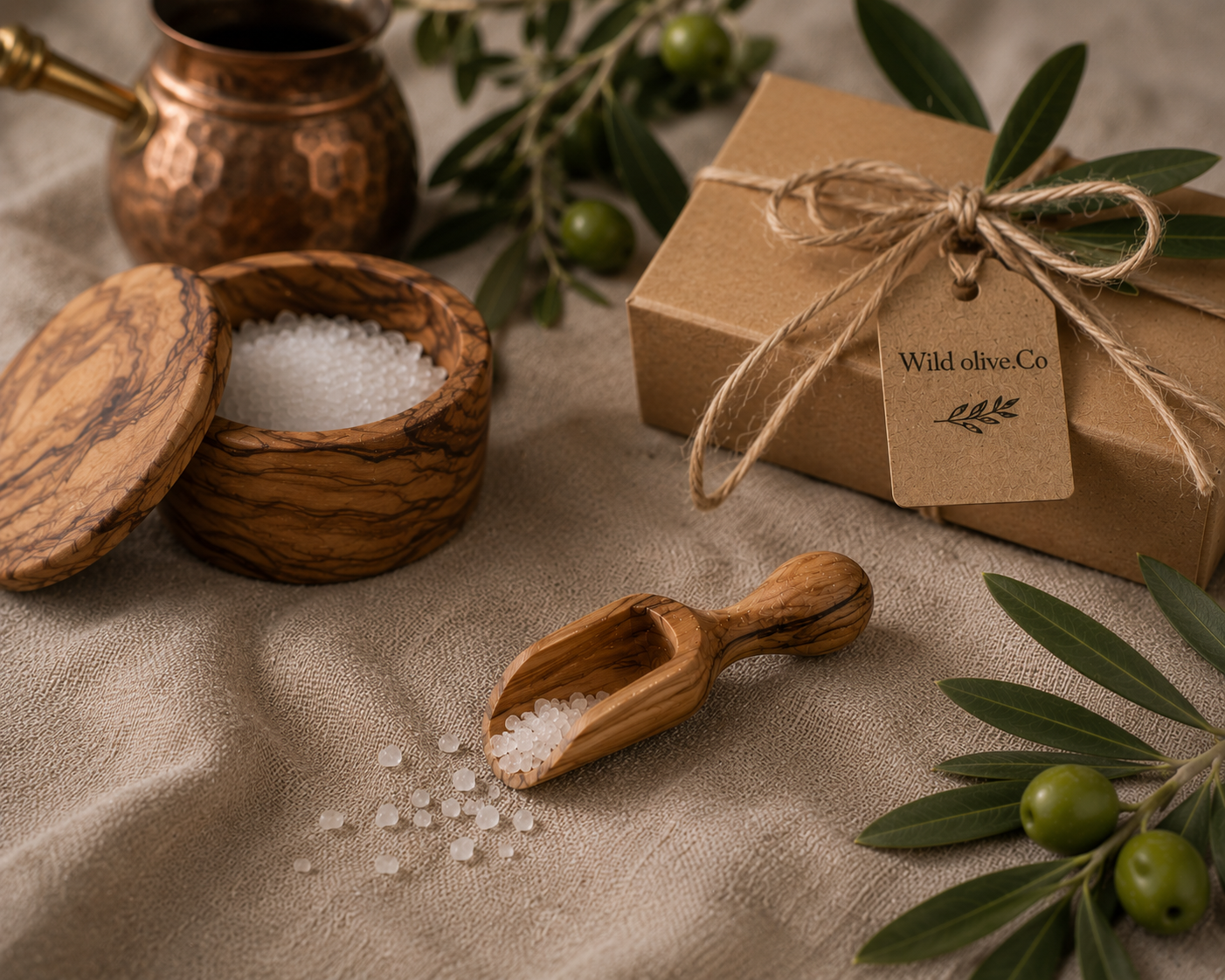 Wooden bowl and scoop with salt, copper container, and gift box on a textured surface with olive branches.