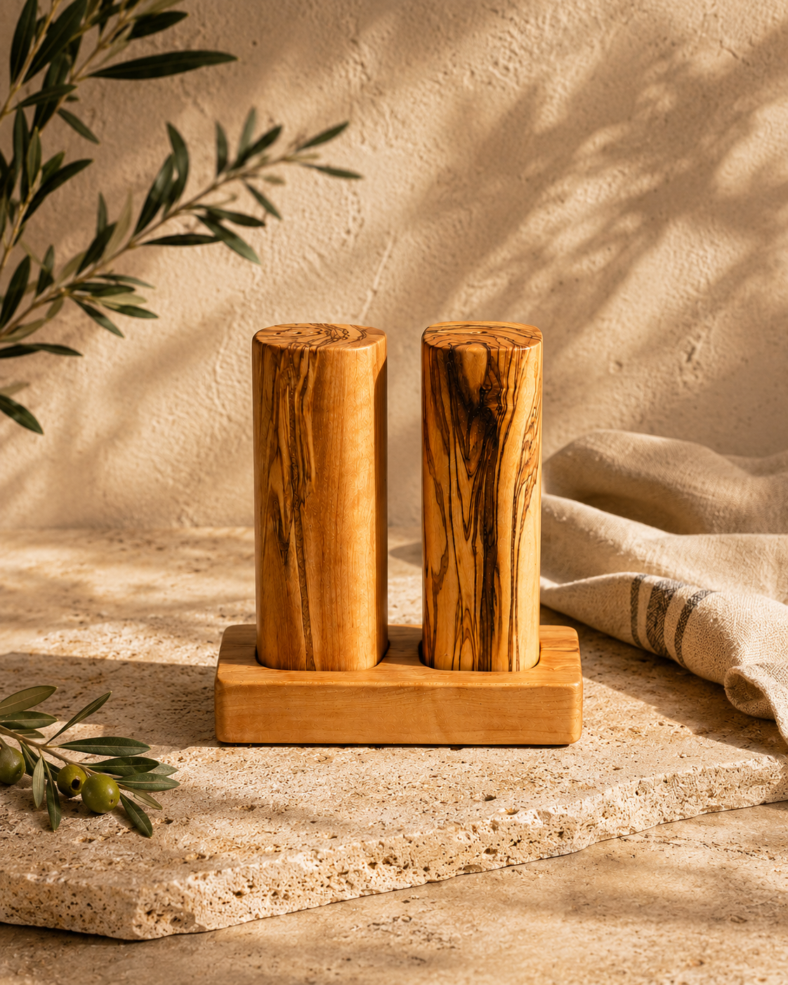 Two wooden salt and pepper shakers on a matching stand with a natural background.