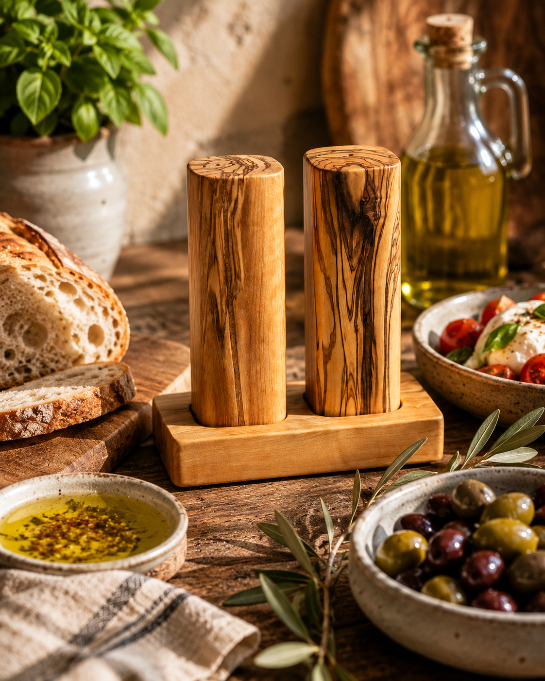 Wooden salt and pepper shakers on a rustic wooden table with bread, olive oil, and olives.