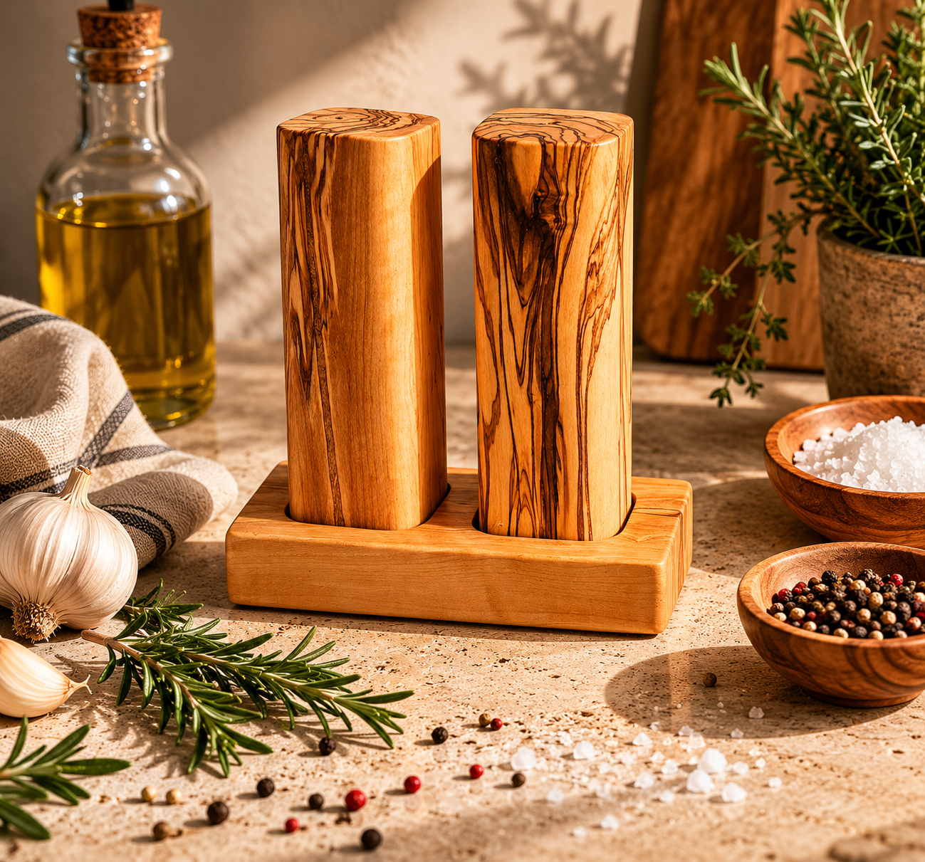 Wooden salt and pepper shakers on a rustic surface with herbs and spices.