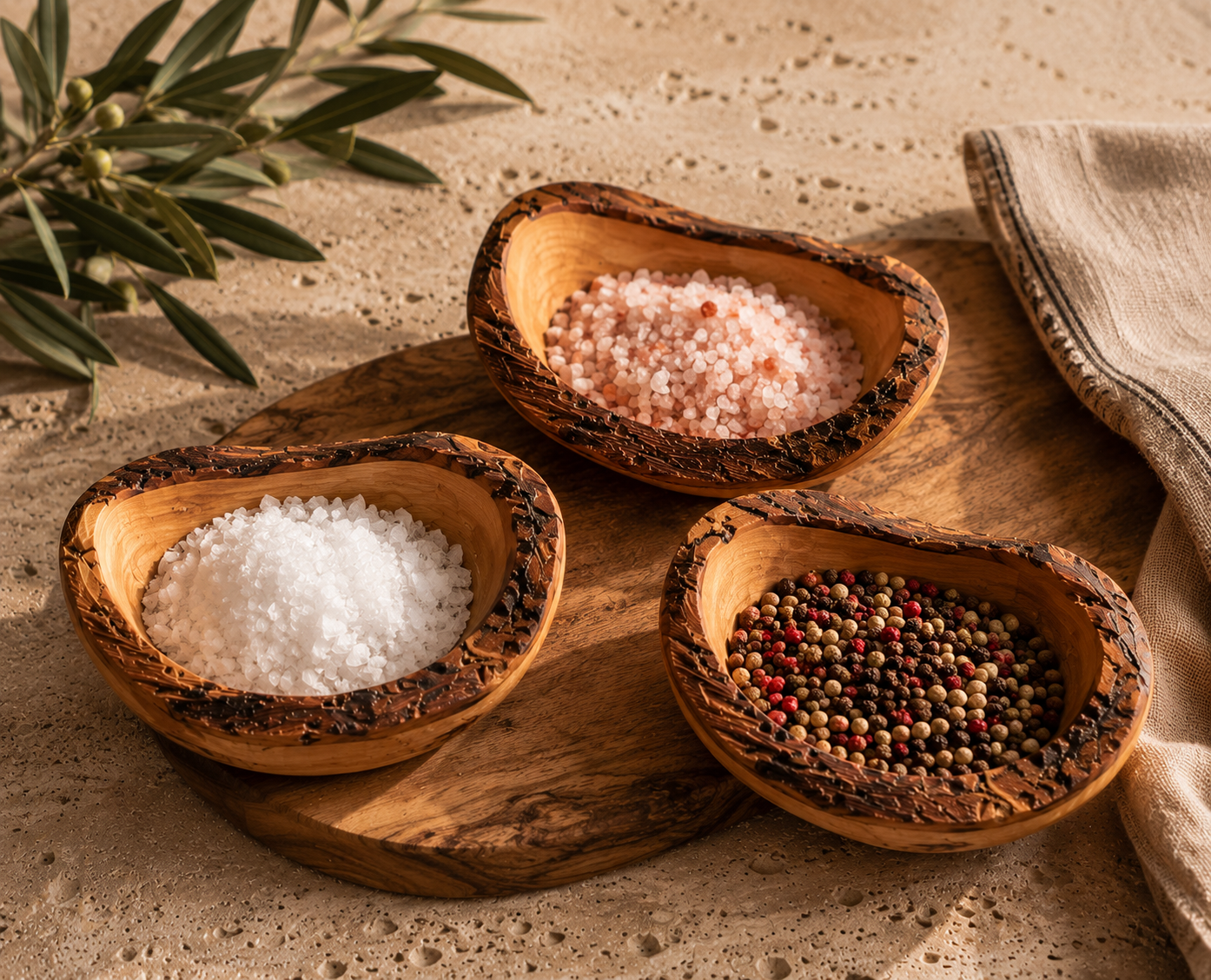 Three wooden bowls containing different types of salt and peppercorns on a textured surface with an olive branch.