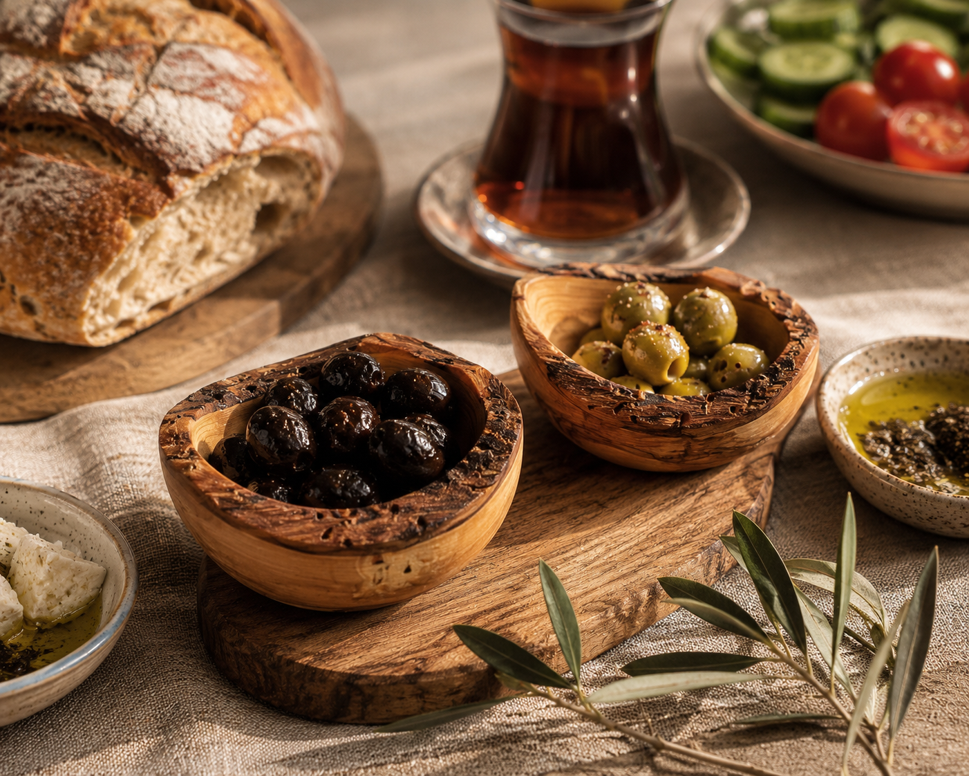 Wooden bowls with olives, bread, and a glass of tea on a rustic table.