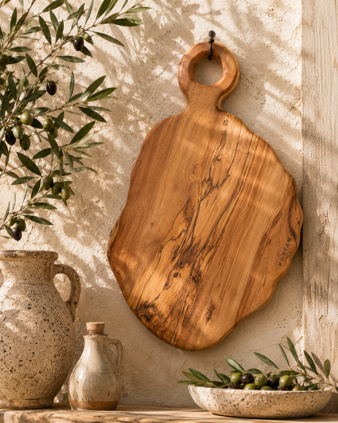 Wooden cutting board with a handle on a textured wall with decorative elements.