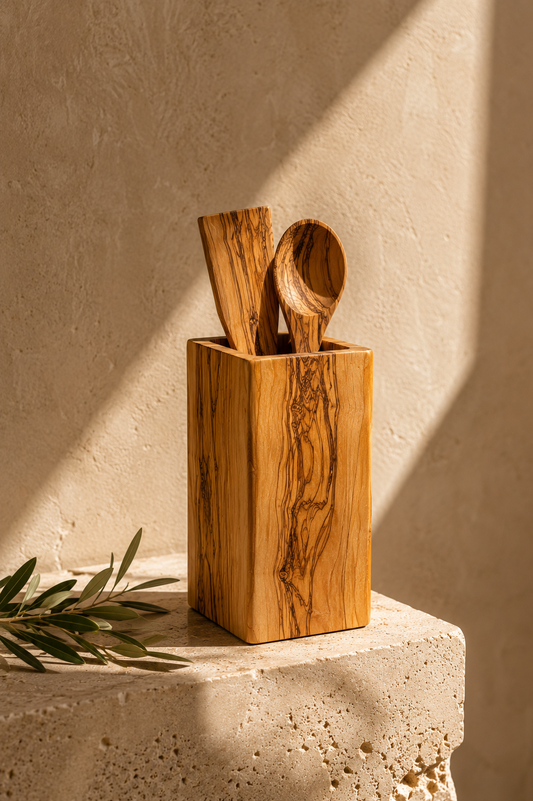 Wooden utensils in a block on a concrete surface with a beige wall background