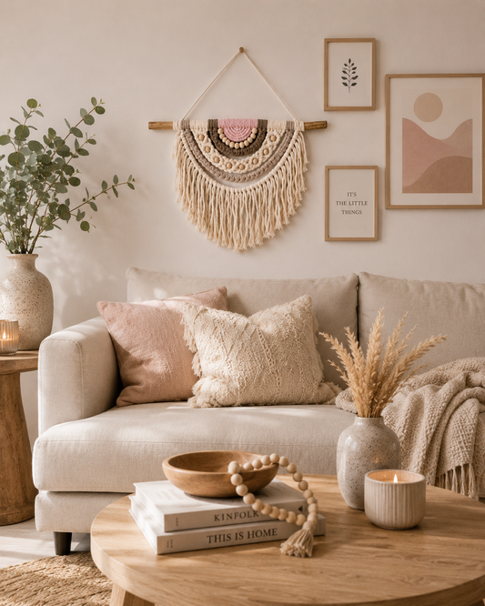 Cozy living room with beige sofa, decorative pillows, and a round wooden coffee table.