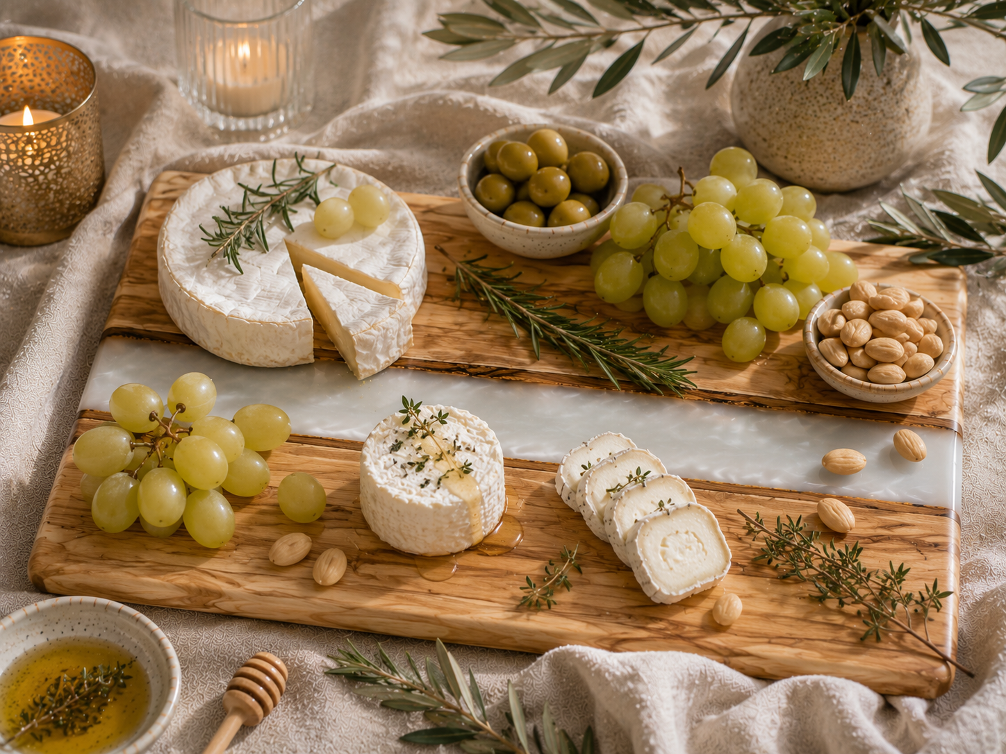 Wooden cheese board with sliced goat cheese, grapes, and olives on a soft fabric background.