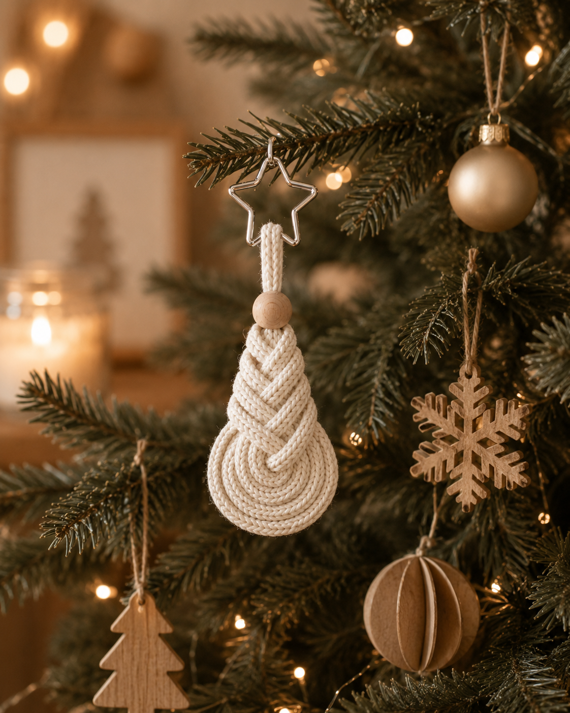 A close-up of a decorated Christmas tree with a knotted cream teardrop ornament hanging from a star, alongside wooden tree and snowflake ornaments and warm string lights.