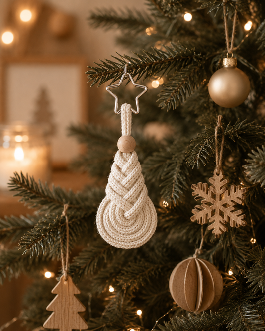 A close-up of a decorated Christmas tree with a knotted cream teardrop ornament hanging from a star, alongside wooden tree and snowflake ornaments and warm string lights.