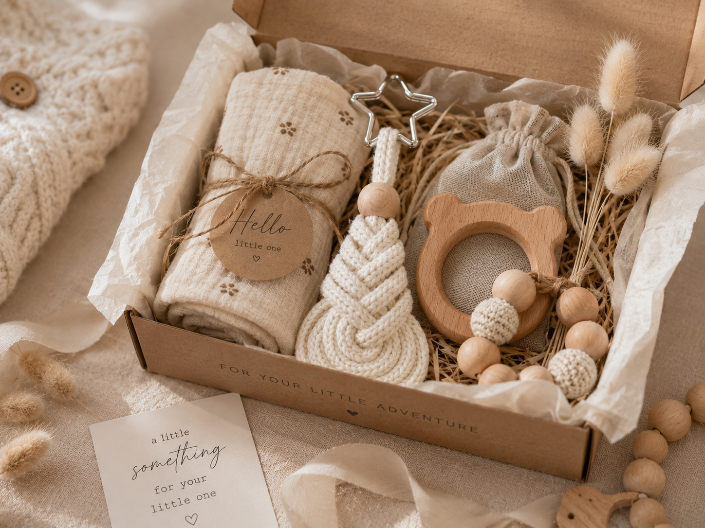 A baby gift box set containing a cream textured blanket tied with a wooden tag, a knotted rope teething toy, a wooden bear teether with beads, and a small fabric pouch, arranged in a kraft box with filler. A cream card reading 'a little something for your little one' is placed in front.